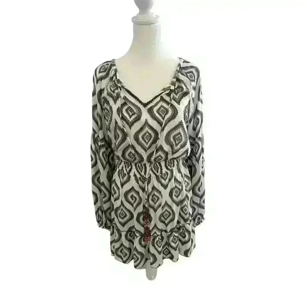 SKEMO NWOT Java Montana Short Dress Design Print Beaded With Elastic Waist Sz S